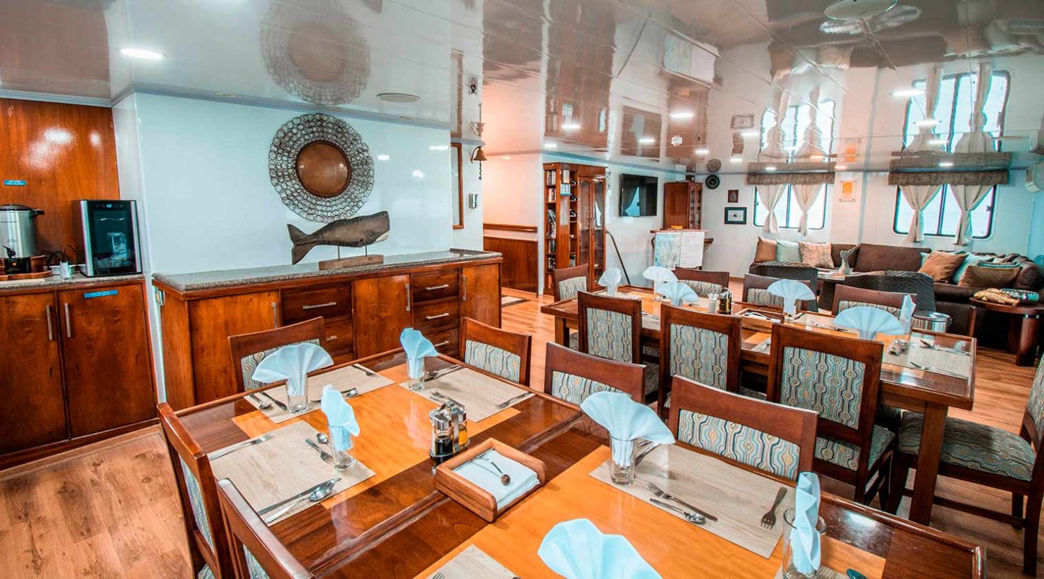 dining room of anahi catamaran yacht of galapagos islands