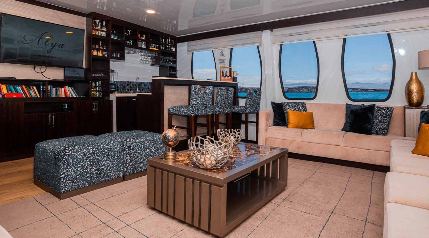 lounge of alya yacht of galapagos islands