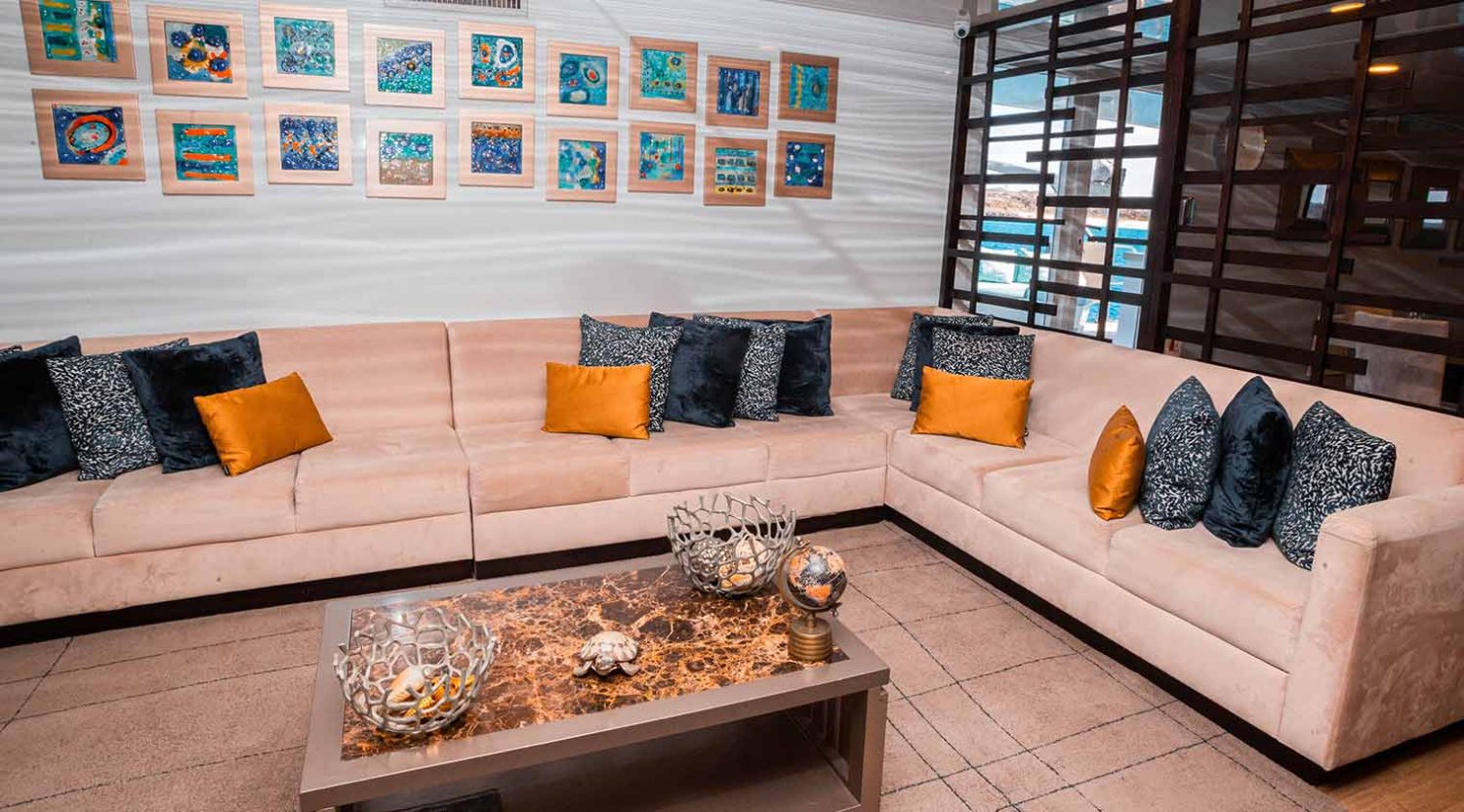 living room of alya yacht of galapaagos islands