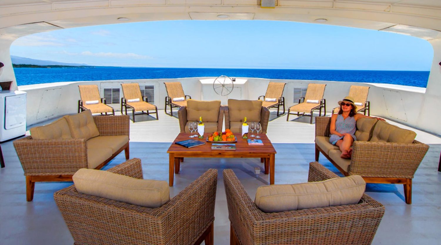 outdoor living room of treasure of galapagos yacht of galapagos islands