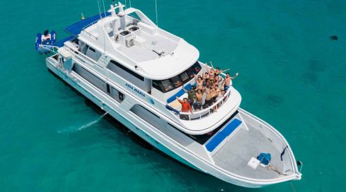 people posing in the deck of aida maria yacht galapagos islands tours