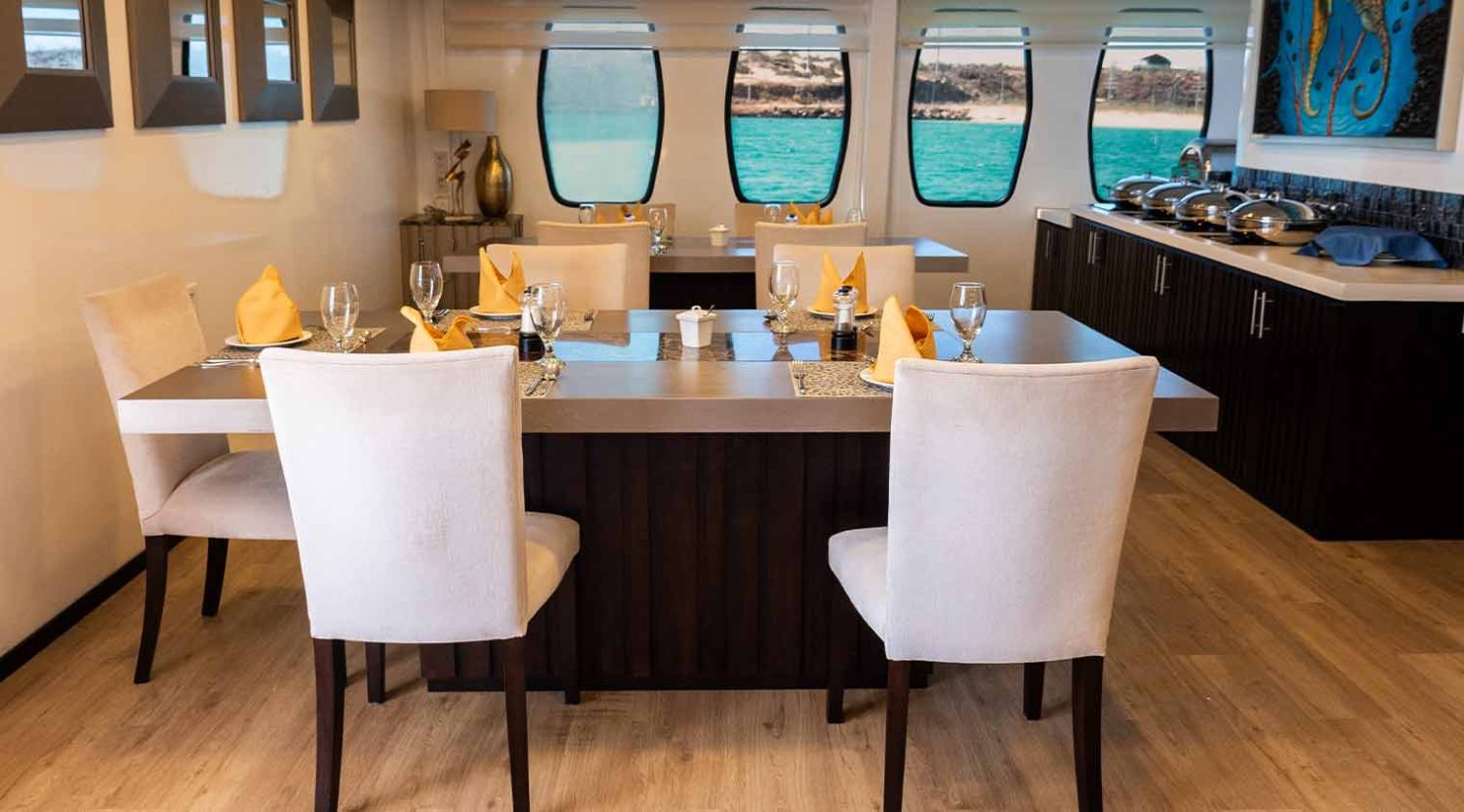 dining room of alya yacht of galapagos islands