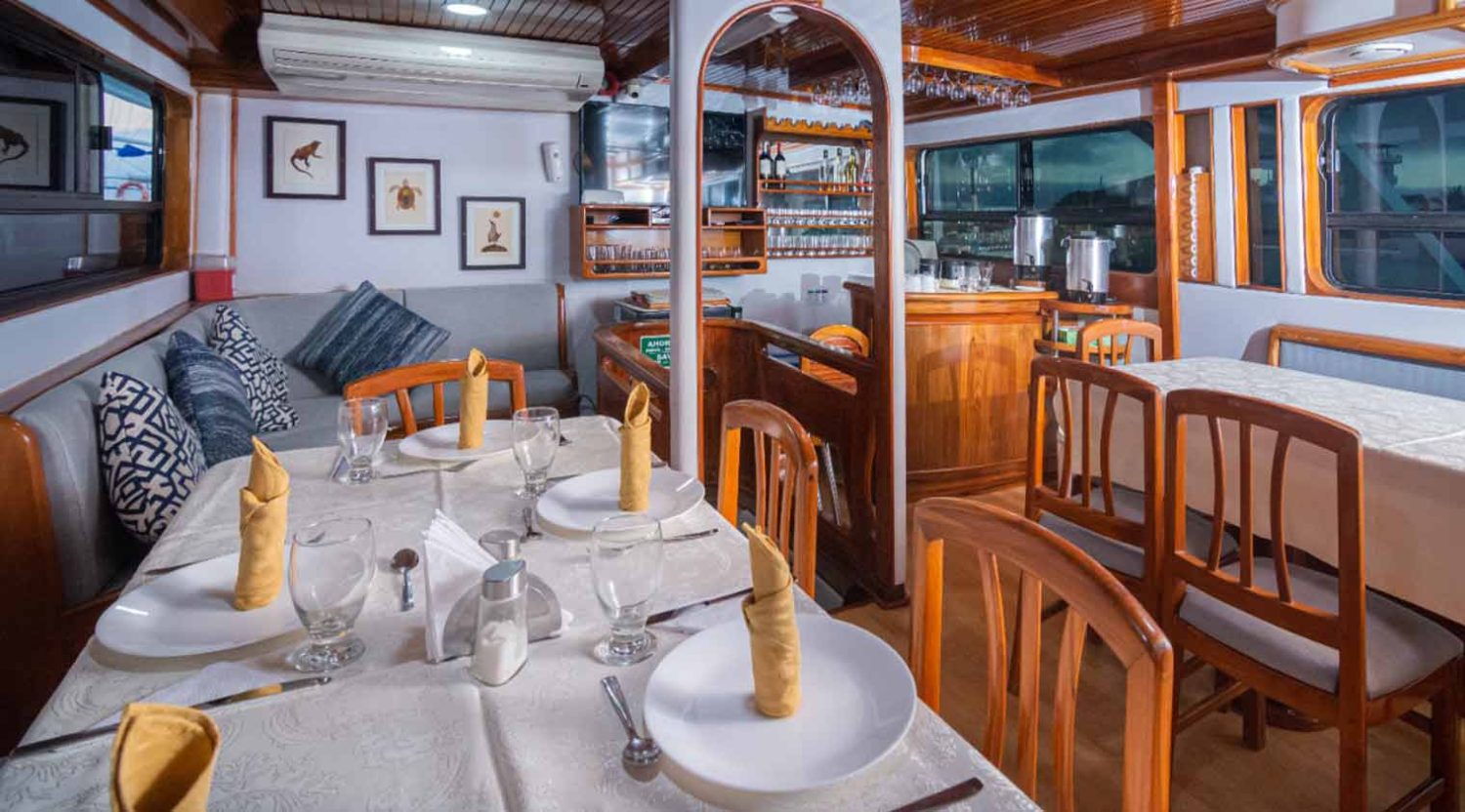 dining room and bar of aida maria yacht of galapagos islands