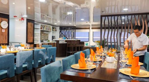 dining room of Eco Galaxy Yacht of galapagos islands tours