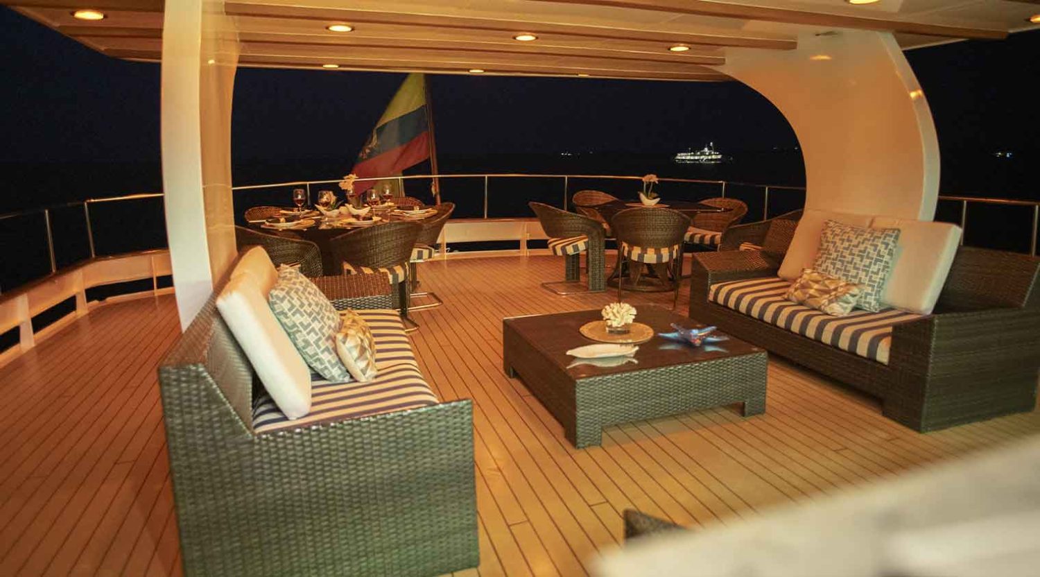 outdoor living room of stella maris yacht of galapagos islands