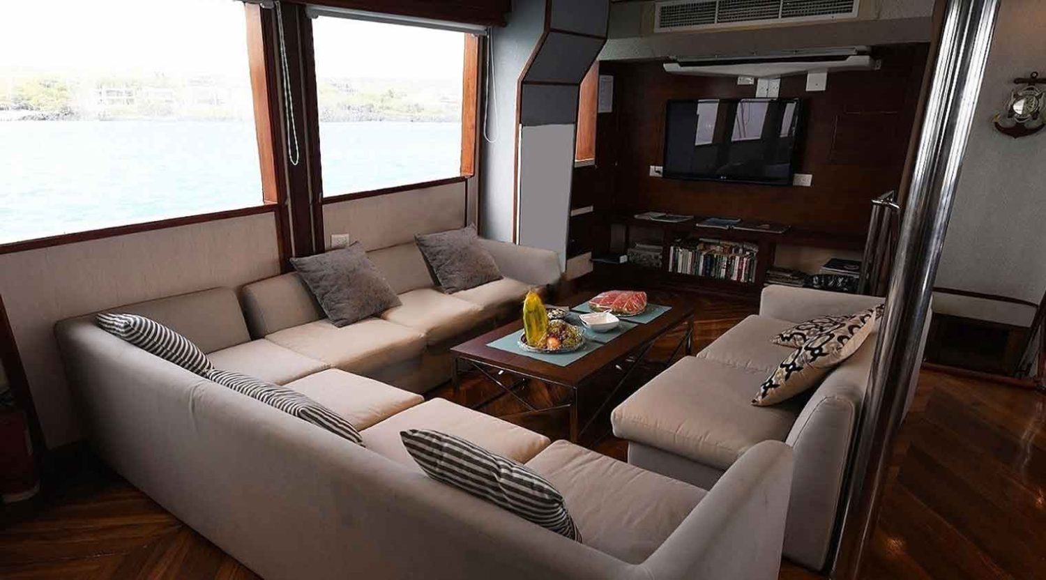 living room of humboldt explorer yacht of galapagos islands