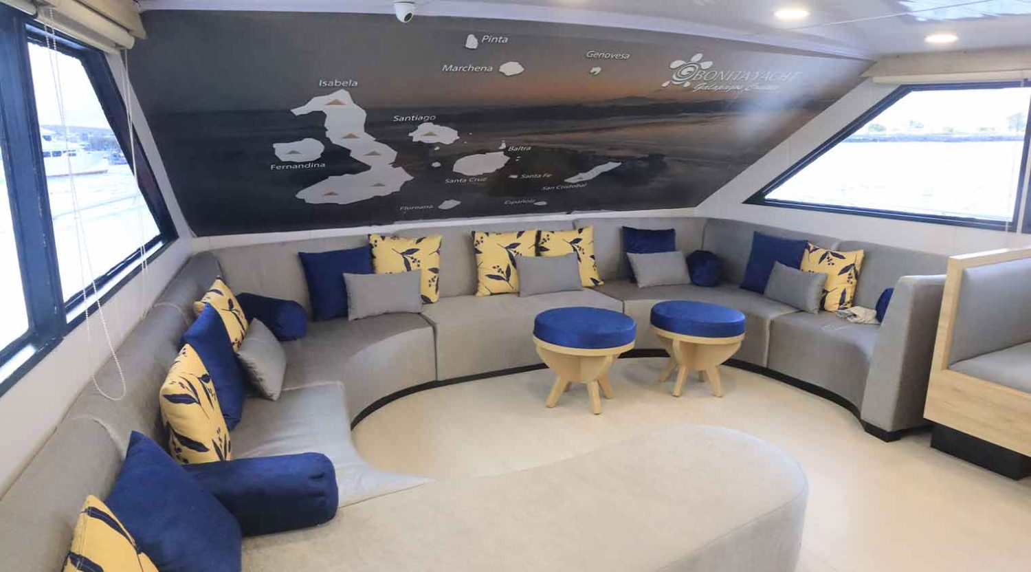 living room of bonita yacht of galapagos islands