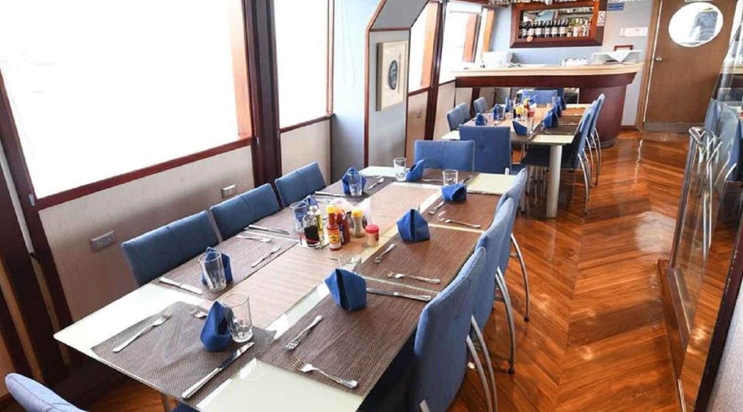 dining room of humboldt explorer yacht of galapagos islands